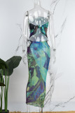 Green Sexy Print Frenulum Backless Strapless Sleeveless Two Pieces