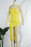 Yellow Sexy Solid Sequins Backless High Opening Spaghetti Strap Irregular Dress Dresses