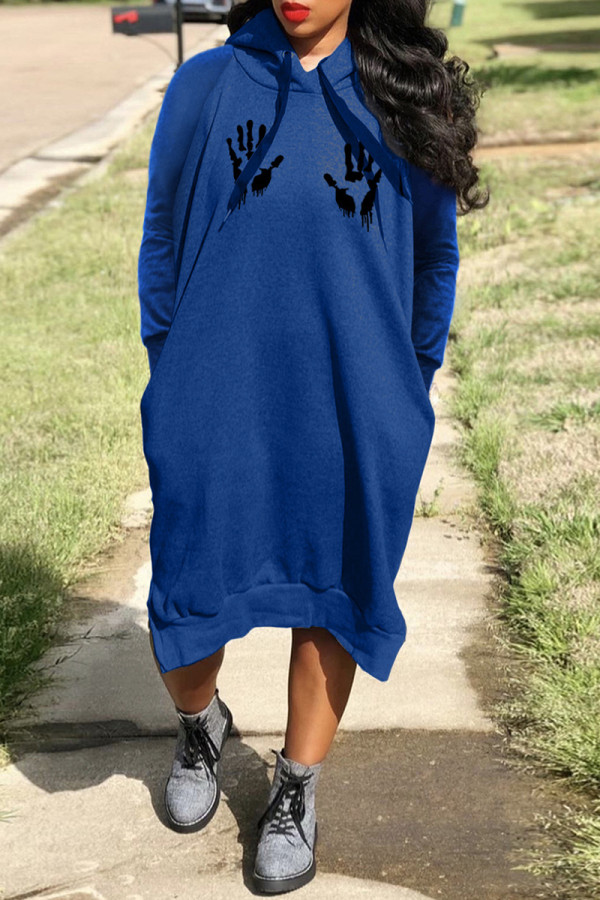 Blue Casual Print Basic Hooded Collar Long Sleeve Dresses