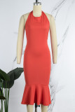Red Sexy Formal Solid Backless Halter Evening Dress Dresses
