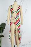 Multicolor Casual Striped Hollowed Out Patchwork Metal Accessories Decoration High Opening U Neck Irregular Dress Dresses