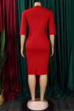 Red Casual Solid Patchwork Asymmetrical O Neck One Step Skirt Dresses