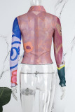Blue Casual Print Patchwork Turndown Collar Tops