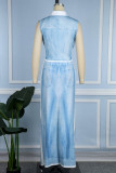 Light Blue Casual Print Patchwork Shirt Collar Sleeveless Two Pieces