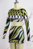 Green Sexy Casual Print Backless O Neck Long Sleeve Two Pieces
