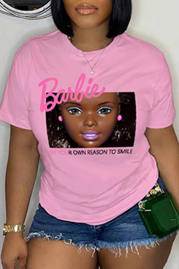 Pink Casual Character Print Letter O Neck T-Shirts