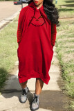 Red Casual Print Basic Hooded Collar Long Sleeve Dresses
