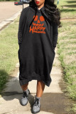 Red Casual Print Basic Hooded Collar Long Sleeve Dresses