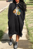 Red Casual Print Basic Hooded Collar Long Sleeve Dresses