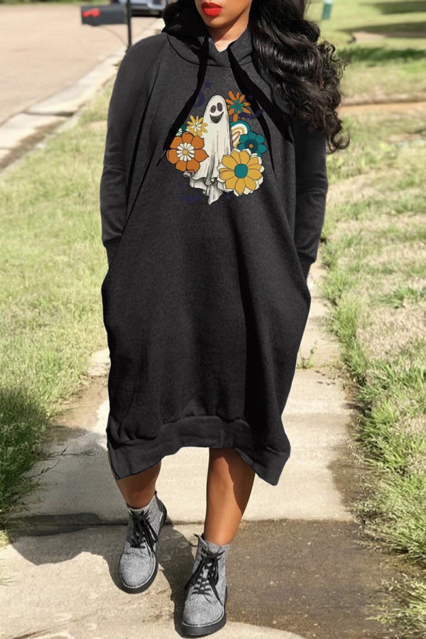 Black Casual Print Basic Hooded Collar Long Sleeve Dresses