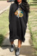Black Casual Print Basic Hooded Collar Long Sleeve Dresses