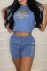 Baby Blue Casual Print Letter Hooded Collar Short Sleeve Two Pieces