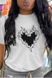 White Casual Daily Print Patchwork O Neck T-Shirts