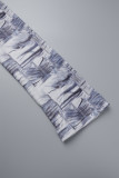 Blue Casual Print Basic O Neck Long Sleeve Two Pieces