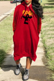 Red Casual Print Basic Hooded Collar Long Sleeve Dresses