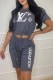 Grey Casual Print Letter O Neck Short Sleeve Two Pieces