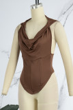 Brownness Sexy Casual Solid Backless Hooded Collar Tops