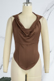 Brownness Sexy Casual Solid Backless Hooded Collar Tops