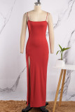 Red Sexy Casual Solid Backless Slit Spaghetti Strap Long Dress Dresses