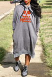 Red Casual Print Basic Hooded Collar Long Sleeve Dresses