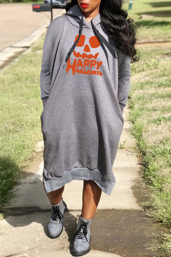Grey Casual Print Basic Hooded Collar Long Sleeve Dresses
