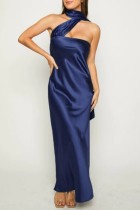 Blue Sexy Casual Solid Backless Halter Long Dress Dresses
