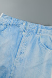 Light Blue Casual Print Patchwork Shirt Collar Sleeveless Two Pieces