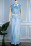 Light Blue Casual Print Patchwork Shirt Collar Sleeveless Two Pieces