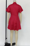 Red Casual Letter Print Patchwork Turndown Collar Short Sleeve Dress