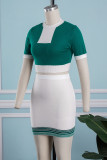 Green Casual Patchwork Contrast Half A Turtleneck Short Sleeve Two Pieces