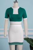 Green Casual Patchwork Contrast Half A Turtleneck Short Sleeve Two Pieces