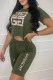 Olive Green Casual Print Letter O Neck Short Sleeve Two Pieces