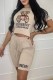Khaki Casual Print Letter O Neck Short Sleeve Two Pieces