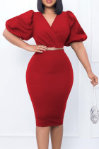 Red Casual Solid Patchwork V Neck Wrapped Skirt Dresses