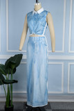 Light Blue Casual Print Patchwork Shirt Collar Sleeveless Two Pieces