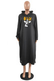 Red Casual Print Basic Hooded Collar Long Sleeve Dresses