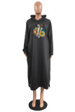 Red Casual Print Basic Hooded Collar Long Sleeve Dresses