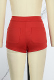 Red Casual Solid Patchwork Skinny High Waist Conventional Solid Color Shorts