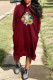 Burgundy Casual Print Basic Hooded Collar Long Sleeve Dresses