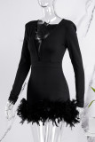 Red Sexy Casual Solid Patchwork Feathers V Neck Long Sleeve Romper