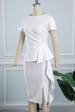 White Casual Solid Backless Flounce Slit O Neck One Step Skirt Dresses