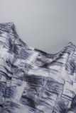 Blue Casual Print Basic O Neck Long Sleeve Two Pieces