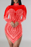 Red Sexy Patchwork Hot Drilling See-through Asymmetrical Half A Turtleneck Long Sleeve Dresses