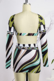 Green Sexy Casual Print Backless O Neck Long Sleeve Two Pieces