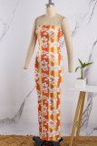 Orange Sexy Casual Print Backless Strapless Long Dress Dresses