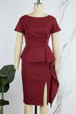 Red Casual Solid Backless Flounce Slit O Neck One Step Skirt Dresses
