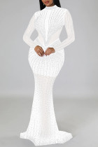 White Sexy Patchwork Hot Drilling See-through Half A Turtleneck Long Dress Dresses