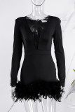 Red Sexy Casual Solid Patchwork Feathers V Neck Long Sleeve Romper