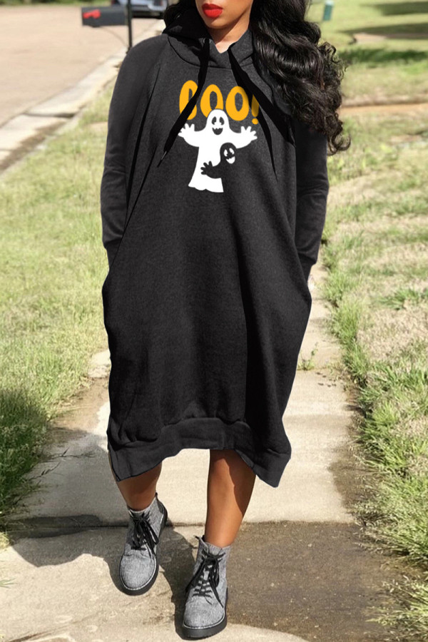 Black Casual Print Basic Hooded Collar Long Sleeve Dresses