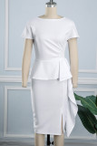 White Casual Solid Backless Flounce Slit O Neck One Step Skirt Dresses